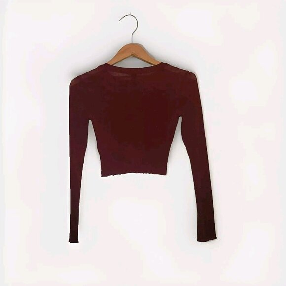 FOREVER 21 Women’s Size Small Mesh Crop Top Red Wine & Gold Shimmer Long Sleeve - Picture 4 of 16
